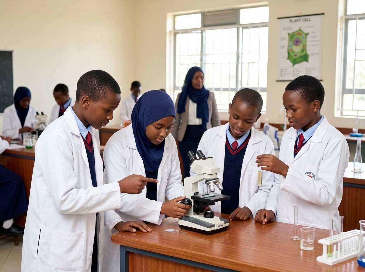 Students in hijab examining microscope in biology lab at Al-Miraj School