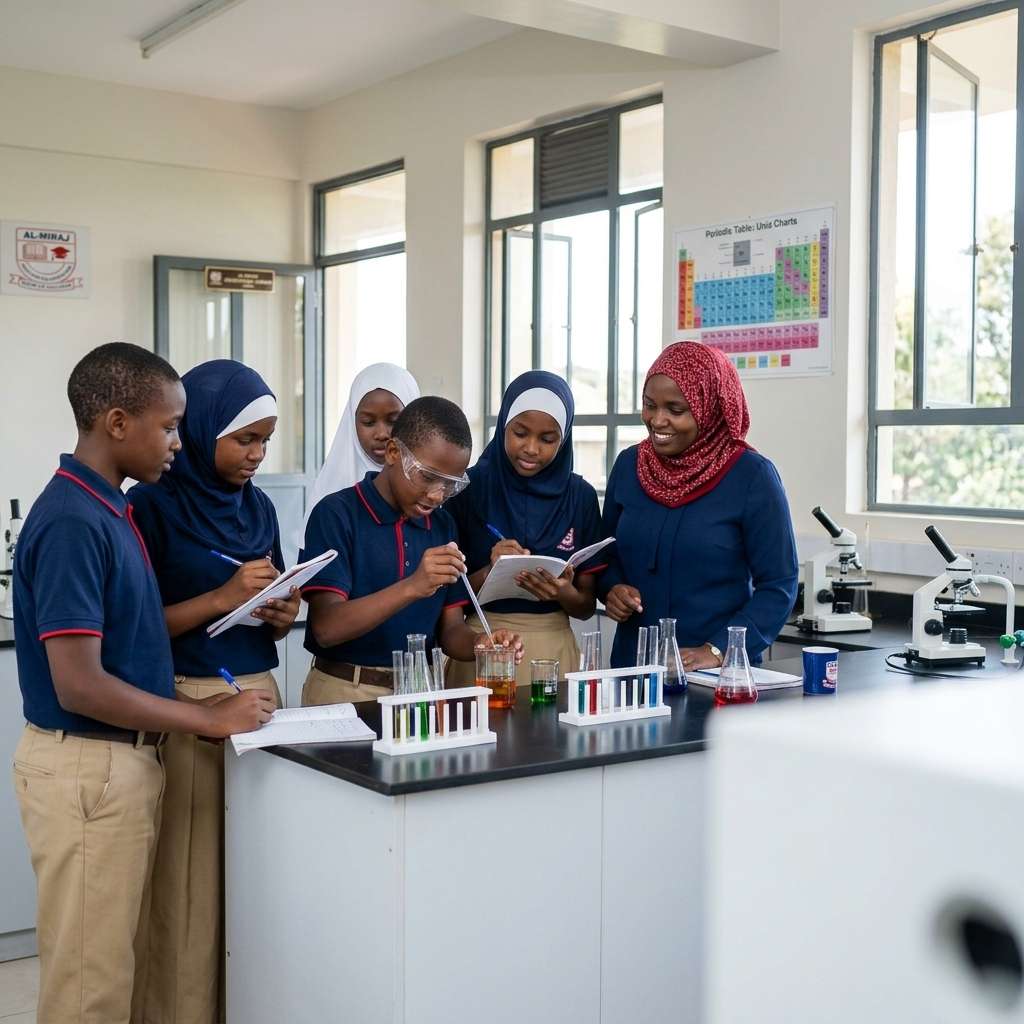 Students examining colored test tubes in science lab at Al-Miraj