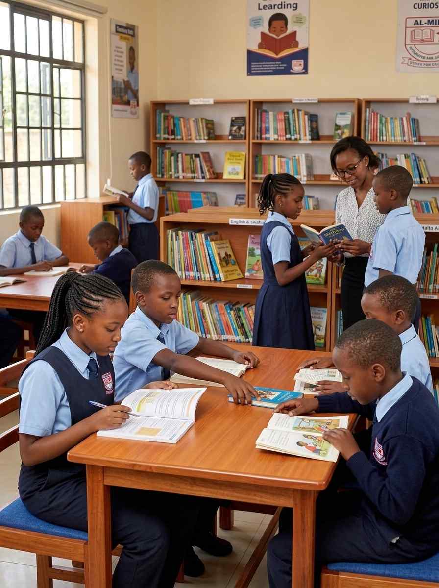 Students and teacher reading books in school library at Junior School level