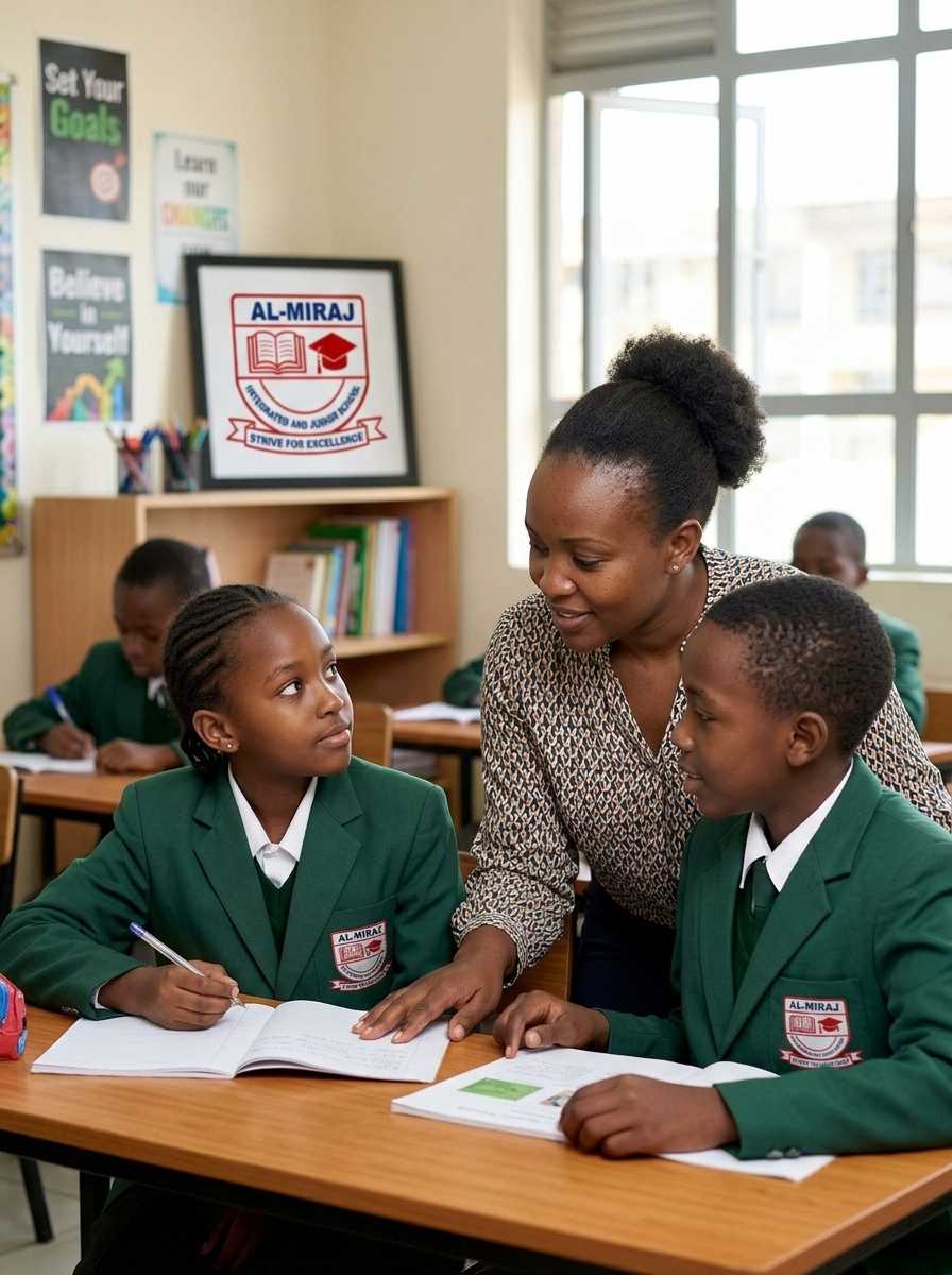 Teacher assisting students in classroom at Al-Miraj Integrated School