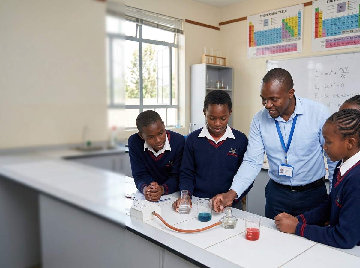 Teacher demonstrating chemistry experiment to students at Al-Miraj Educational Centre