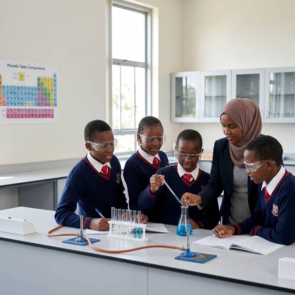 Teacher in hijab and students wearing safety goggles during chemistry demonstration