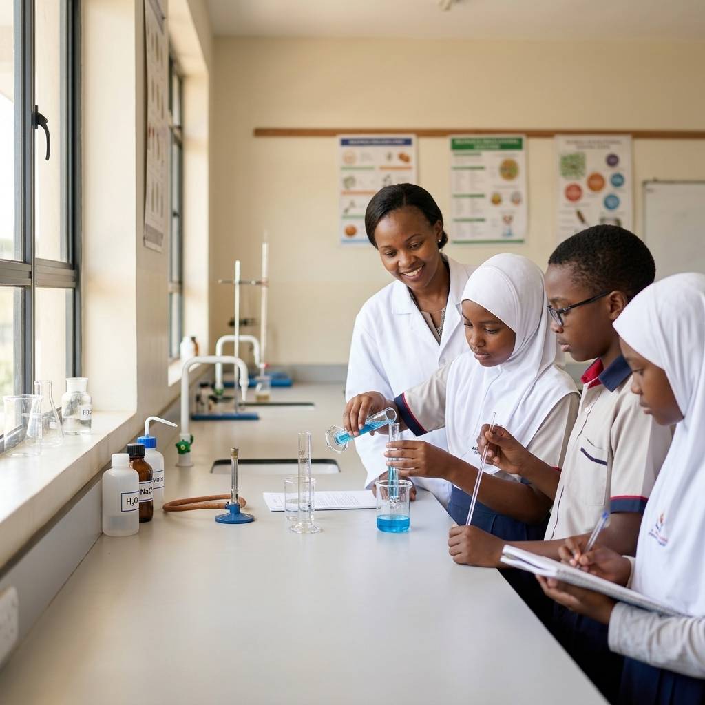 Teacher and students in hijab pouring liquid in chemistry lab at Al-Miraj School